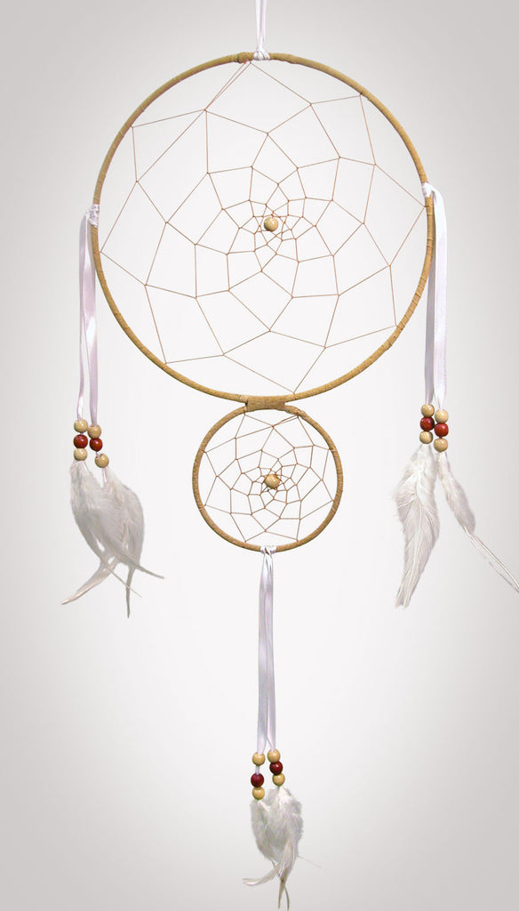 Large 8" diameter ring and smaller 4" ring wrapped in tan leather and adorned with white satin and feathers accented with brick red and beige wooden beads on white background.