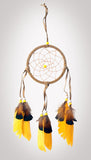 4-1/2" diameter ring wrapped in tan leather with tan leather straps and yellow feathers with brown & black tops. Adorned with yellow and white beads on a white background.