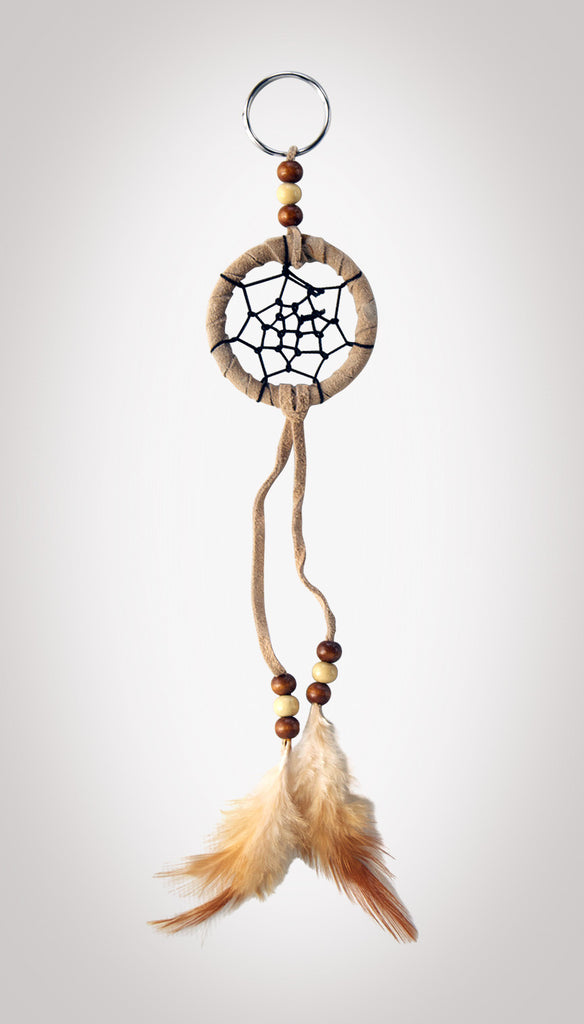 2" diameter ring wrapped in tan leather and adorned with leather straps and brown & white feathers. Accented with brown and beige wooden beads.