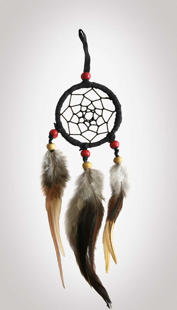 2-1/2" diameter ring wrapped in black leather and adorned with black leather straps and brown &amp; white feathers.
