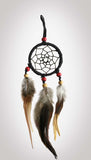 2-1/2" diameter ring wrapped in black leather and adorned with black leather straps and brown &amp; white feathers.