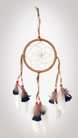 Item #owg003 – 4-1/2" White Feather, Leather & Bead Dream catcher