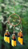 4-1/2" diameter ring wrapped in tan leather with tan leather straps and yellow feathers with brown & black tips and yellow and white beads on green background.