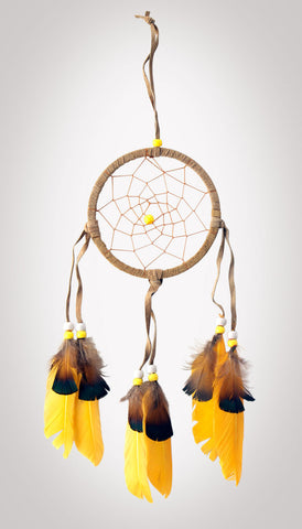 Item #owg004 – 4-1/2" Yellow Feather, Leather & Bead Dream catcher