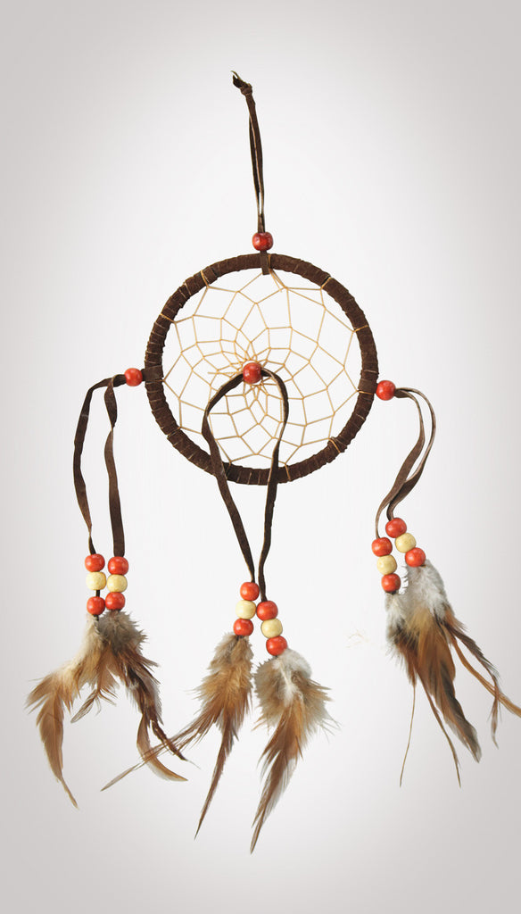 4-3/8" diameter ring wrapped in chocolate brown leather with chocolate brown leather straps and brown & white feathers and brick red and beige wooden beads on white background.