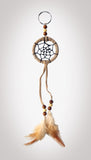 2" diameter ring wrapped in tan leather and adorned with leather straps and brown & white feathers. Accented with brown and beige wooden beads. 