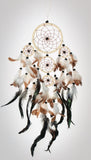 An ivory 5-ring dream catcher comes with a 4-1/2", 2-1/2" and three 1-3/4" rings wrapped in ivory-colored leather adorned with white, brown, and ebony feathers and accented with ebony beads and brown webbing on a white background.