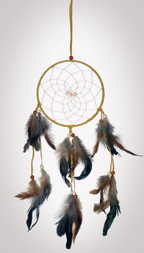 A 6-1/2" diameter ring wrapped in tan leather with tan leather straps and earth-toned feathers accented with brick red and beige wooden beads on a white background.
